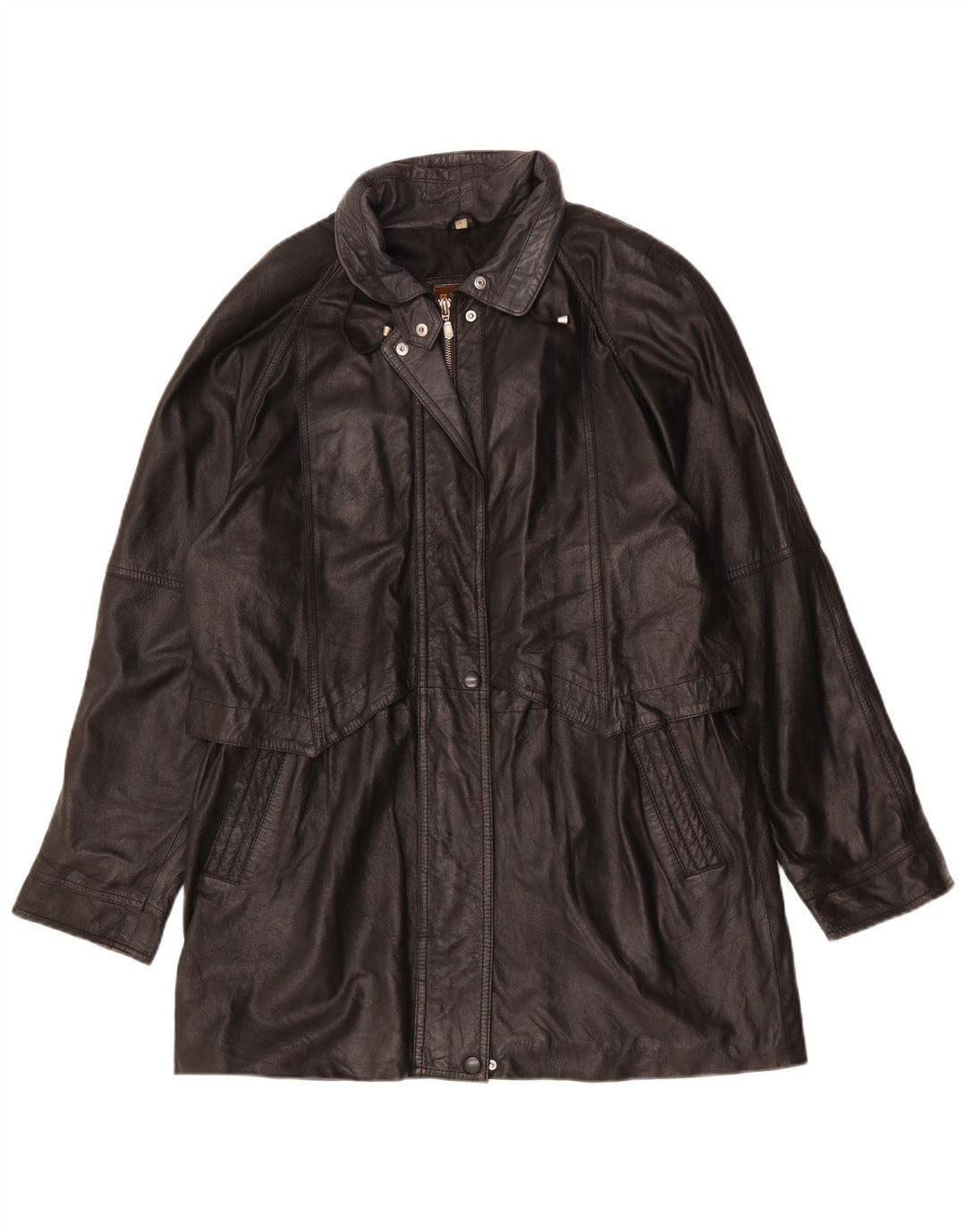 manteau en cuir surdimensionné femme vintage UK 16 Grand Noir