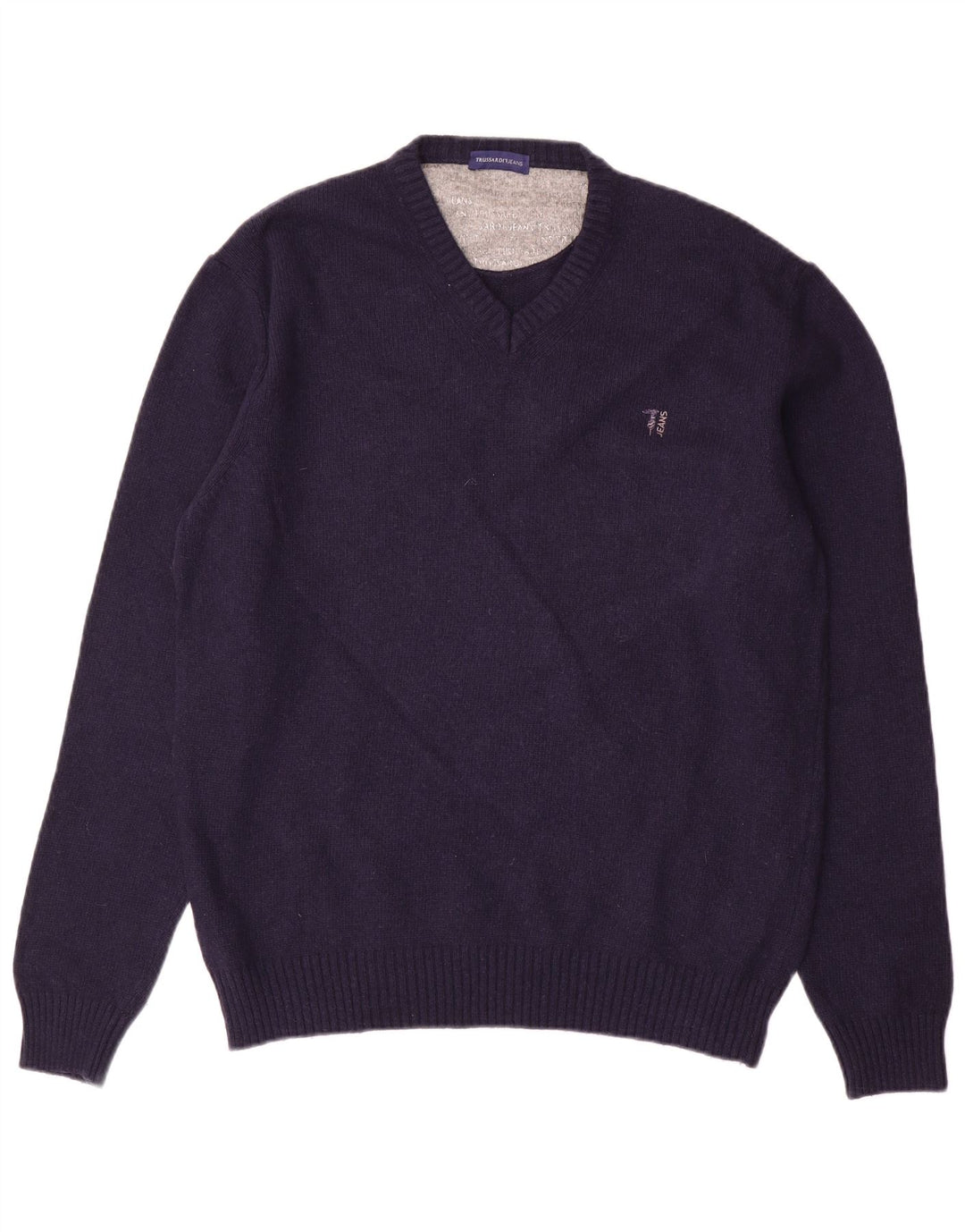 Trussardi Jeans Pull Col V Homme Large Bleu Marine Laine