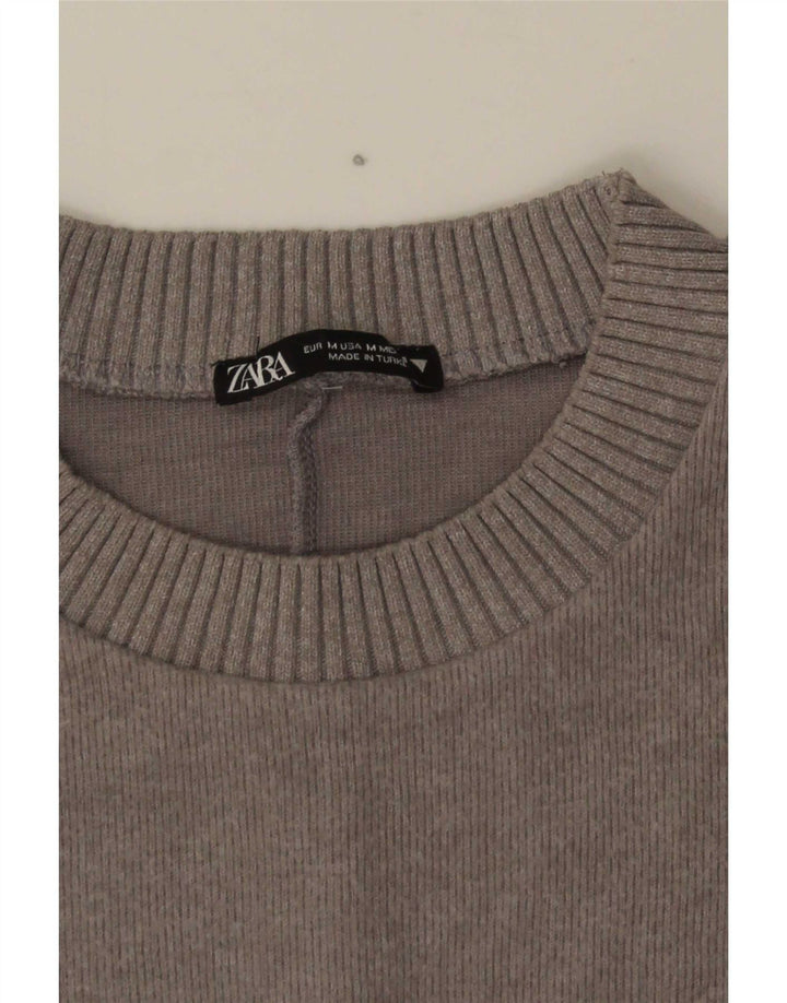 Zara Pull court à col rond pour femme UK 14 Gris moyen