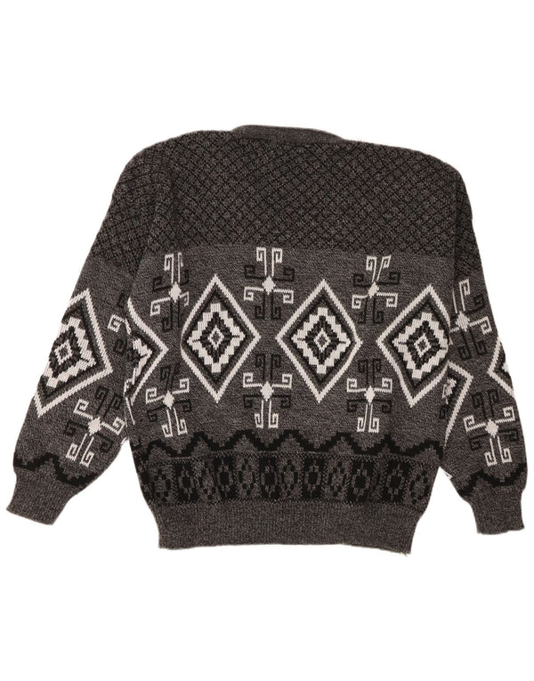 vintage Mens V-neck Jumper Sweater XL Gris Géométrique Acrylique