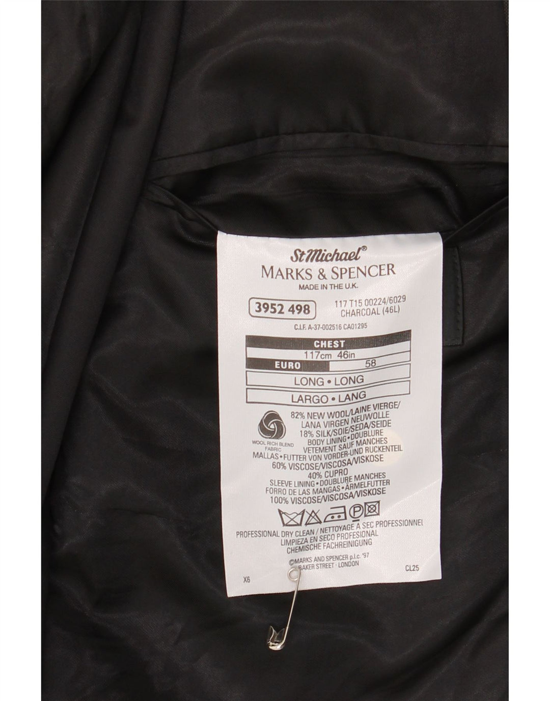 Marks & Spencer Veste blazer longue à 2 boutons pour homme UK 46 XL Gris laine vierge