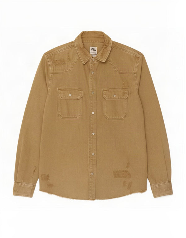 Zara Chemise en jean coupe décontractée en détresse pour homme en coton beige moyen