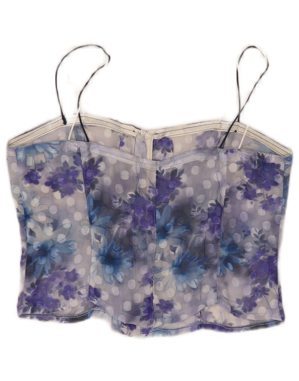 vintage Femmes Voir à travers Corset Top UK 10 Petit Bleu Floral