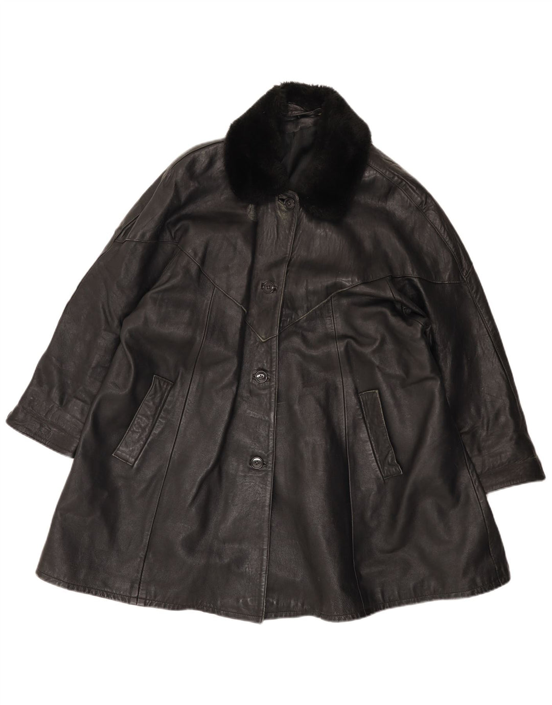 manteau en cuir femme vintage UK 14 Grand Noir