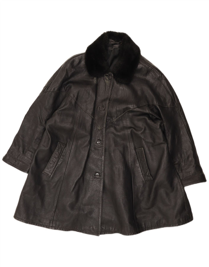manteau en cuir femme vintage UK 14 Grand Noir