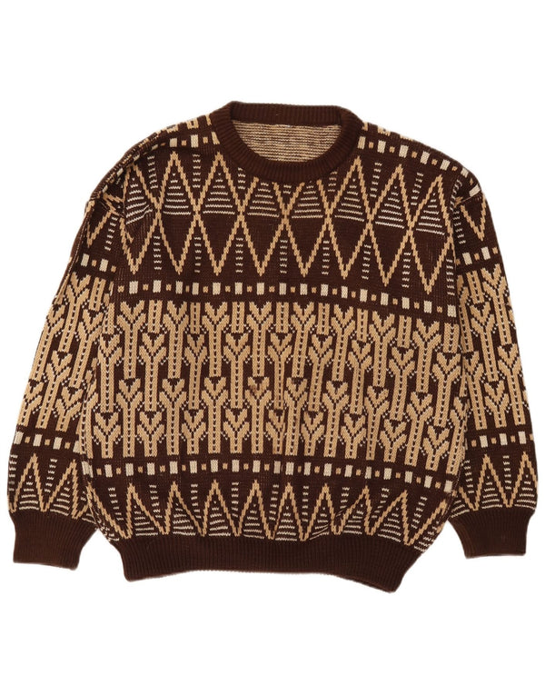 vintage Mens Crew Neck Jumper Pull Grand Marron Fair Isle