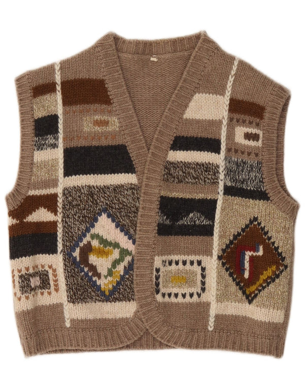 vintage Womens Crop Sans Manches Cardigan Pull UK 14 Grand Marron Géométrique