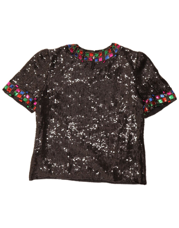 vintage Femmes Sequin Blouse Top UK 16 Grande Soie Noire