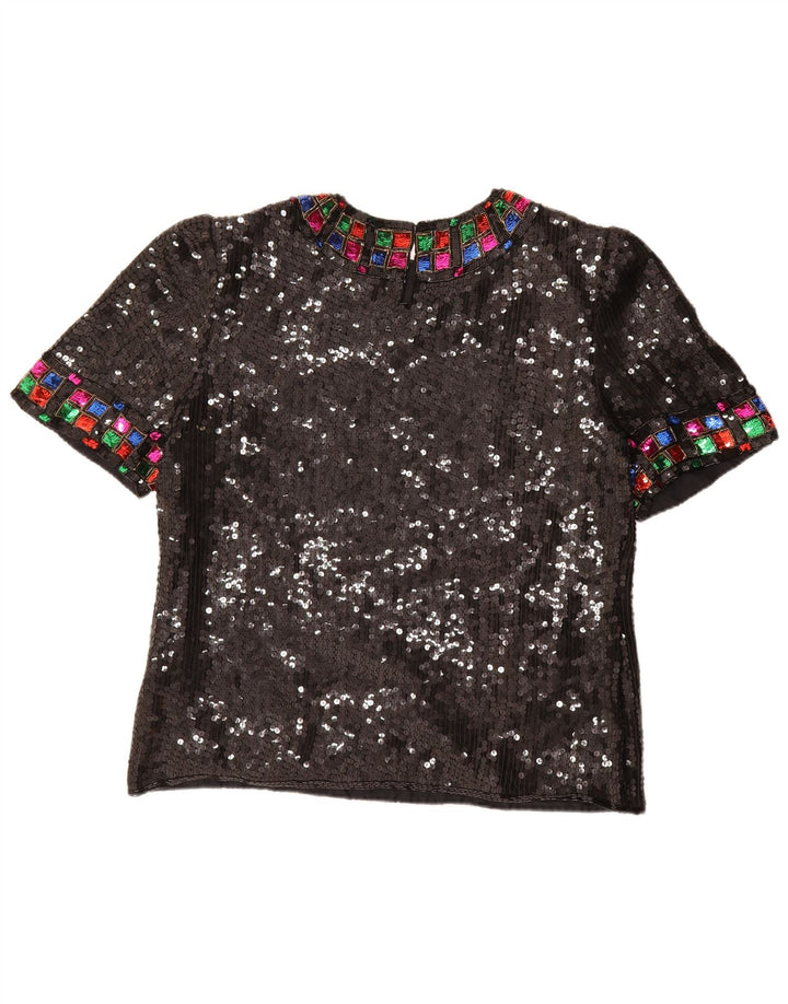 vintage Femmes Sequin Blouse Top UK 16 Grande Soie Noire