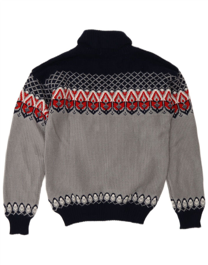 vintage Mens Roll Neck Jumper Pull Moyen Bleu Fair Isle Acrylique