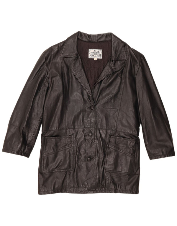 vintage Femme 3 Boutons Veste Blazer En Cuir IT 50 XL Cuir Noir