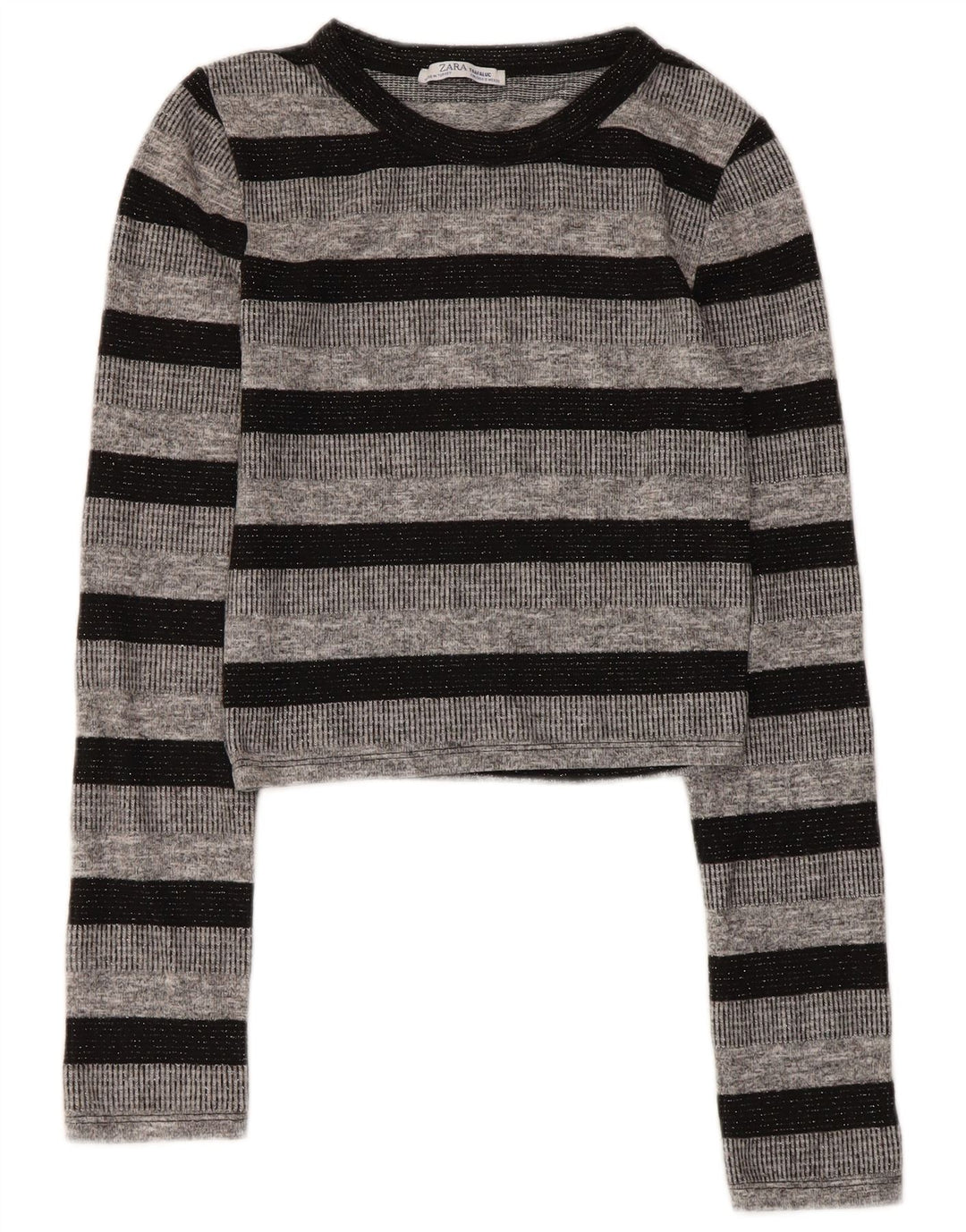Zara Femmes Trafaluc Crop Top Manches Longues UK 8 Petit Gris Rayé Polyester