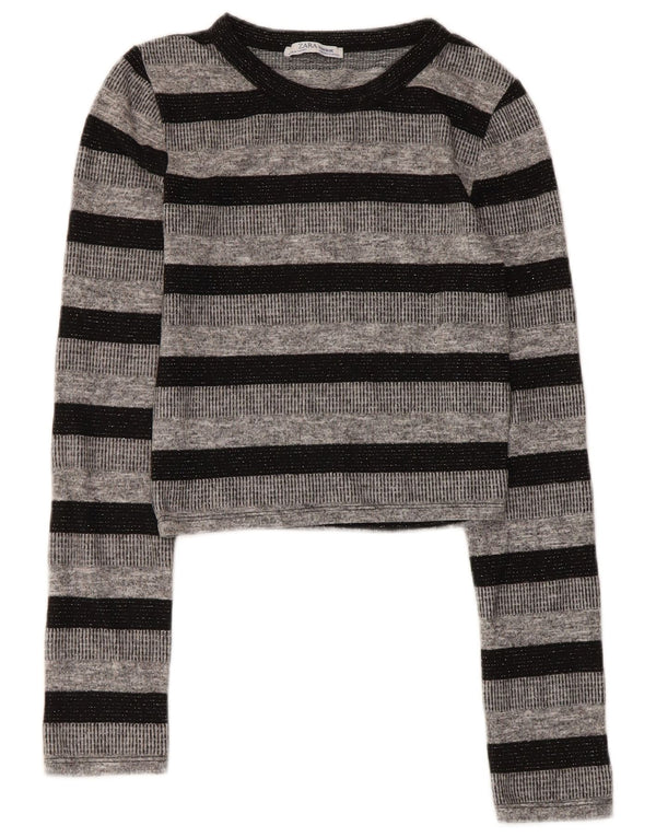 Zara Womens Trafaluc Crop Top Long Sleeve UK 8 Small Grey Striped Polyester