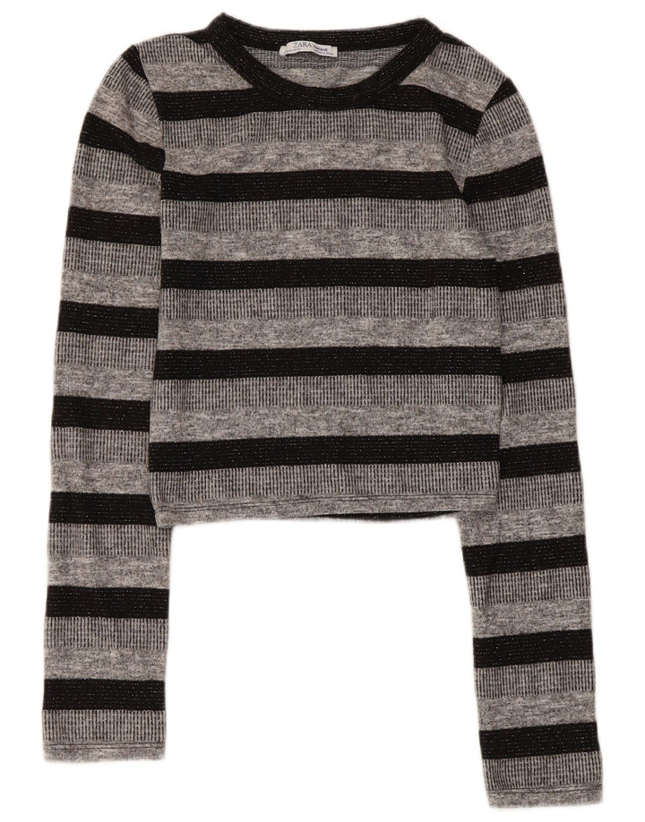 Zara Femmes Trafaluc Crop Top Manches Longues UK 8 Petit Gris Rayé Polyester