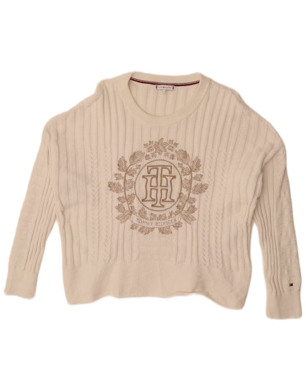 Tommy Hilfiger Pull graphique à col rond pour femme UK 14 Blanc moyen