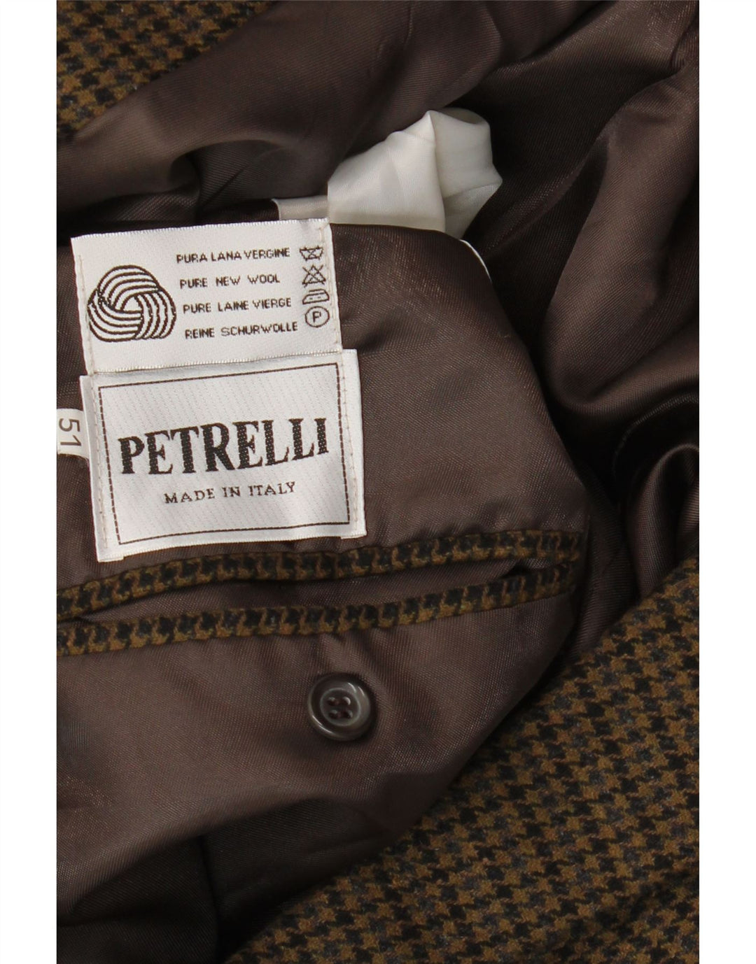 PETRELLI Veste Blazer Homme IT 51 Large Kaki Pied-de-Poule Laine Vierge