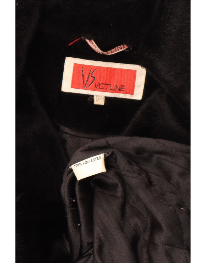 vintage Femme Fausse Fourrure Pardessus IT 42 Moyen Noir Polyester