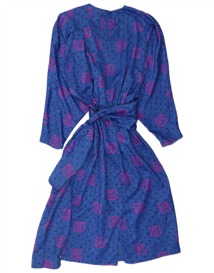 vintage Femmes Motif Abstrait Manches Longues Maxi Robe UK 10 Petit Bleu