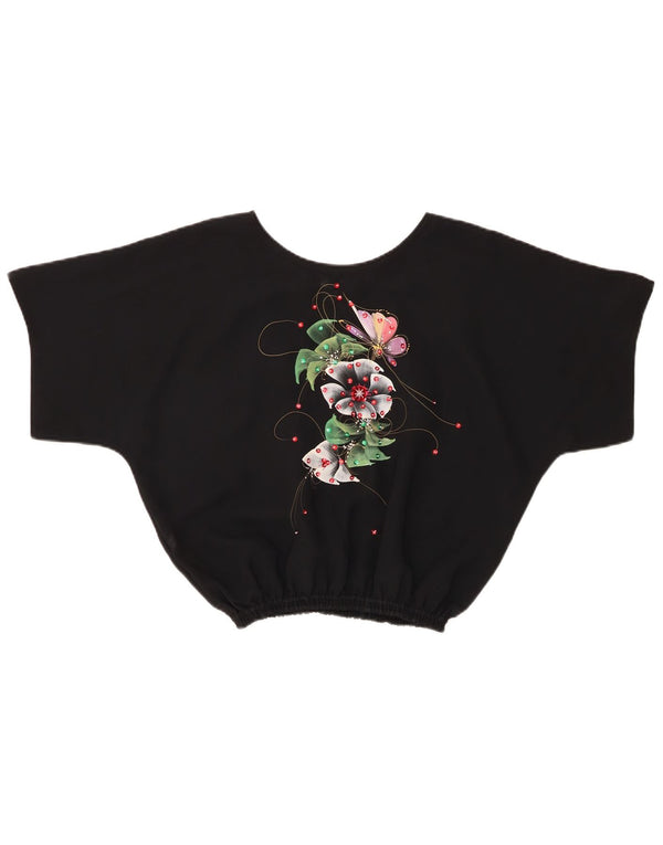 vintage Femmes Crop Blouse Top UK 14 Moyen Noir Floral
