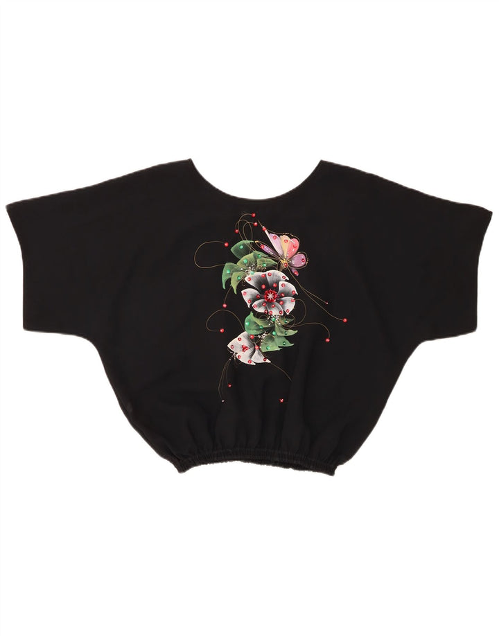 vintage Femmes Crop Blouse Top UK 14 Moyen Noir Floral