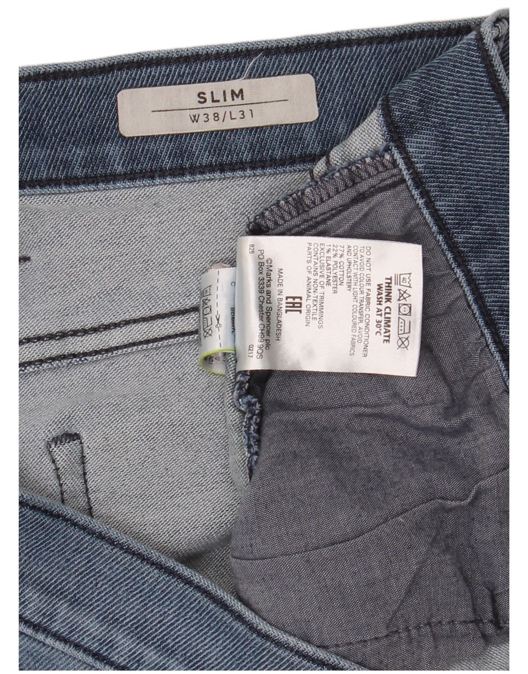 Marks & Spencer Jeans Slim pour Hommes W38 L31 Bleu Coton