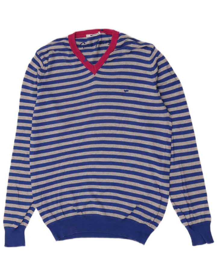 Gas Pull Col V Homme Bleu Moyen Rayé Coton