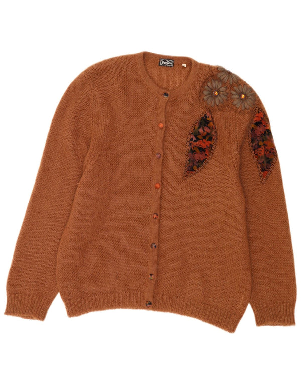 vintage Femmes Surdimensionné Cardigan Pull EU 42 Grand Brun Floral Mohair