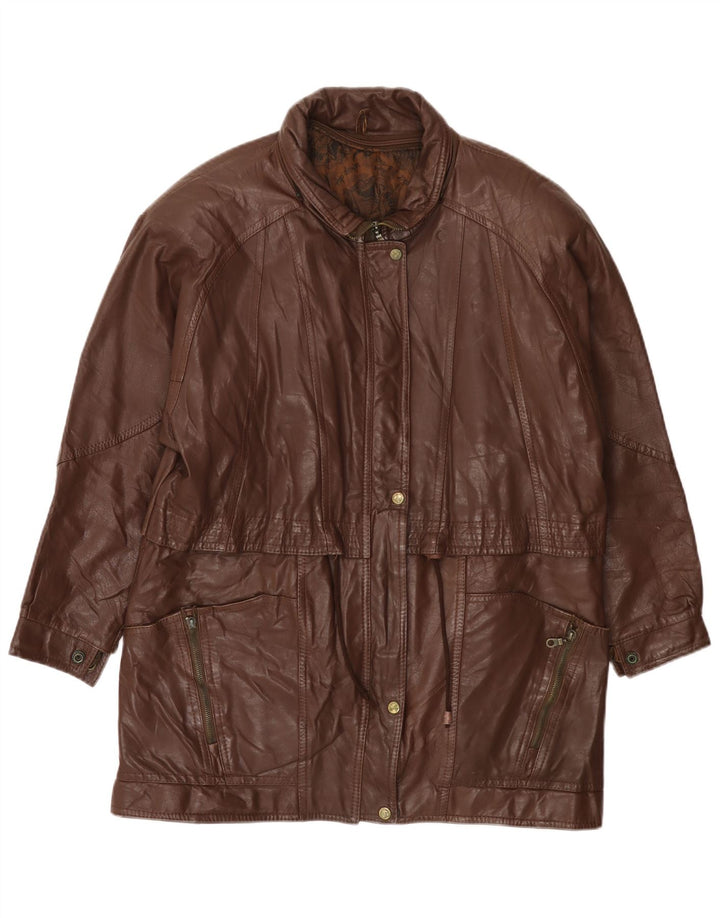 VINTAGE Manteau en cuir femme UK 14 Grand Marron