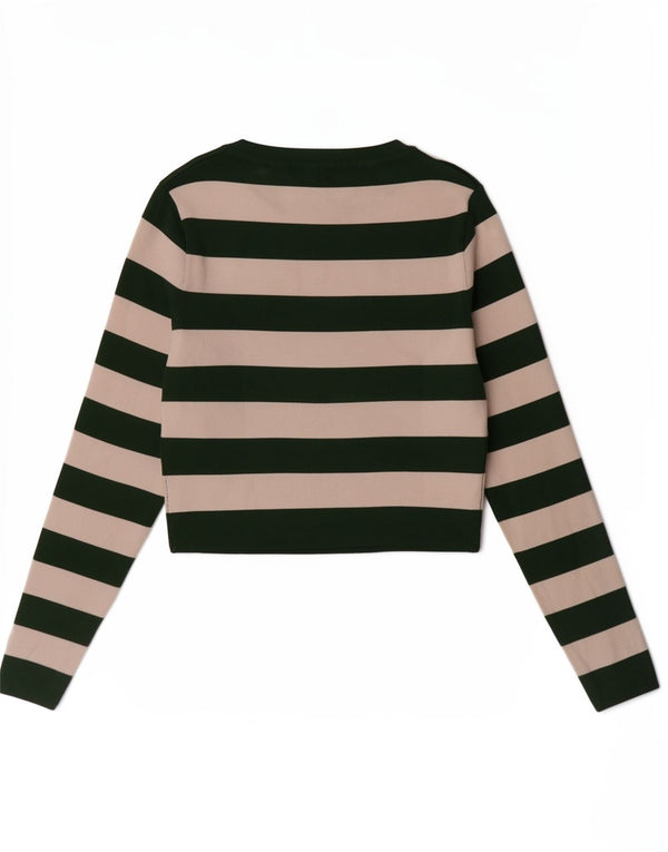 Zara Womens Crop Top Manches Longues UK 14 Grande Viscose Rayée Verte