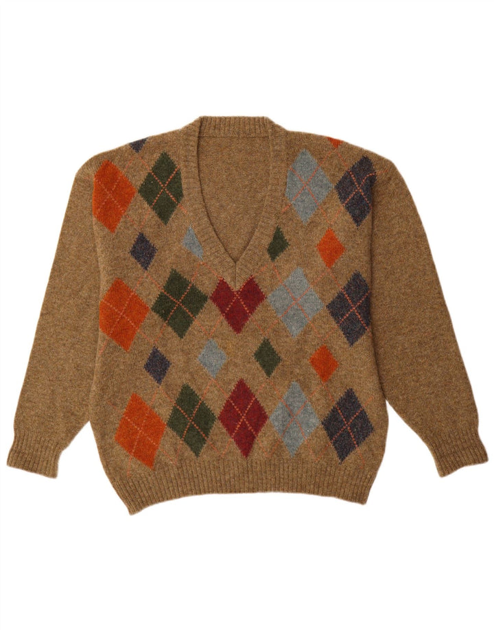 vintage Homme Col V Pull Pull Marron Moyen Argyle/Diamant