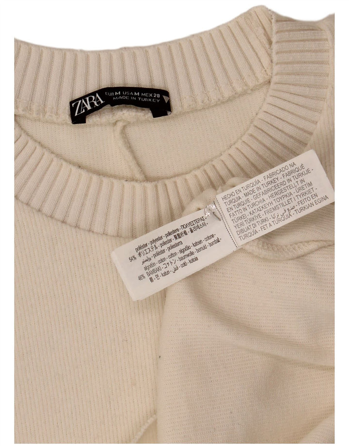 Zara Pull court à col rond pour femme UK 14 en polyester blanc moyen