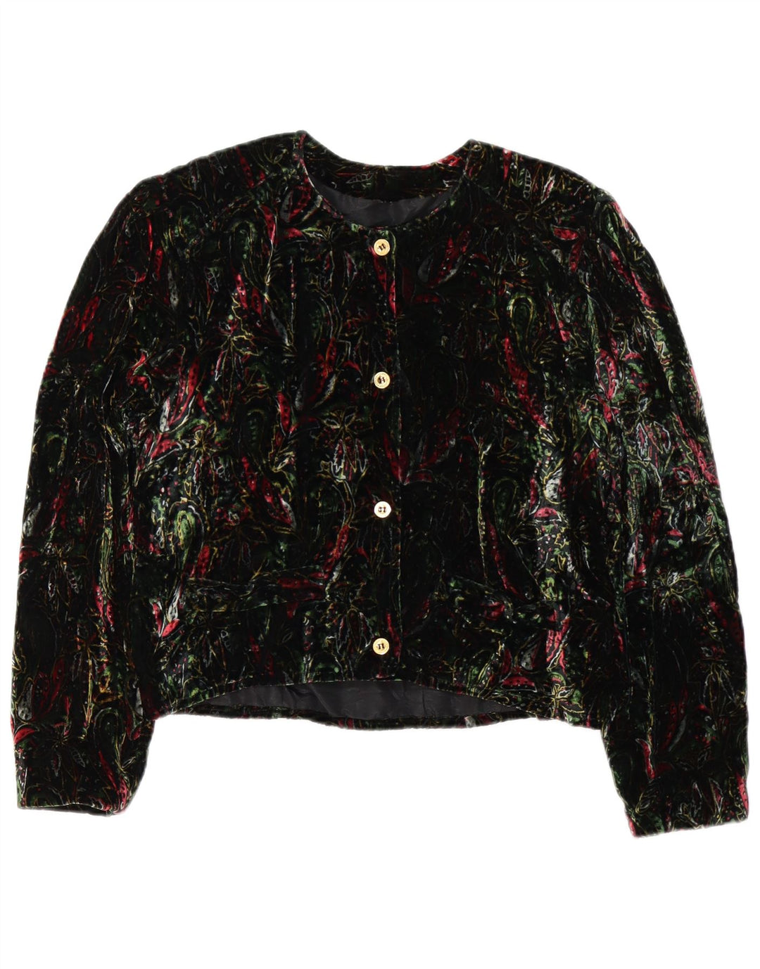 vintage Femmes Crop 4 Bouton Blazer Veste UK 12 Moyen Vert Floral Rétro