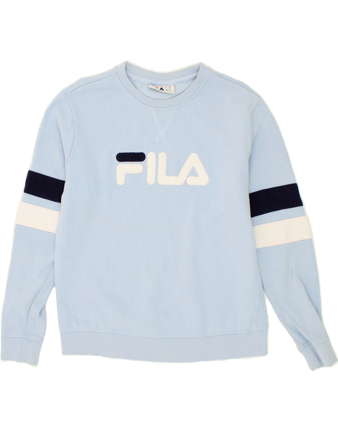 FILA Womens Graphic Sweatshirt Jumper UK 14 Medium Blue Colourblock Cotton Vintage Fila and Second-Hand Fila from Messina Hembry 