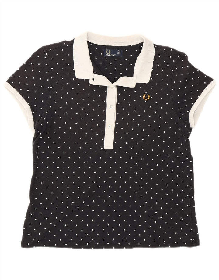 Fred Perry Polo Femme UK 14 Grand Coton À Pois Noir