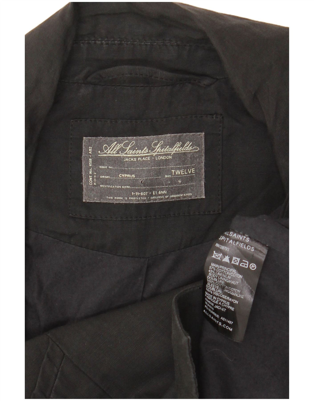 All Saints Veste blazer courte à 3 boutons pour femme UK 12 en coton noir moyen