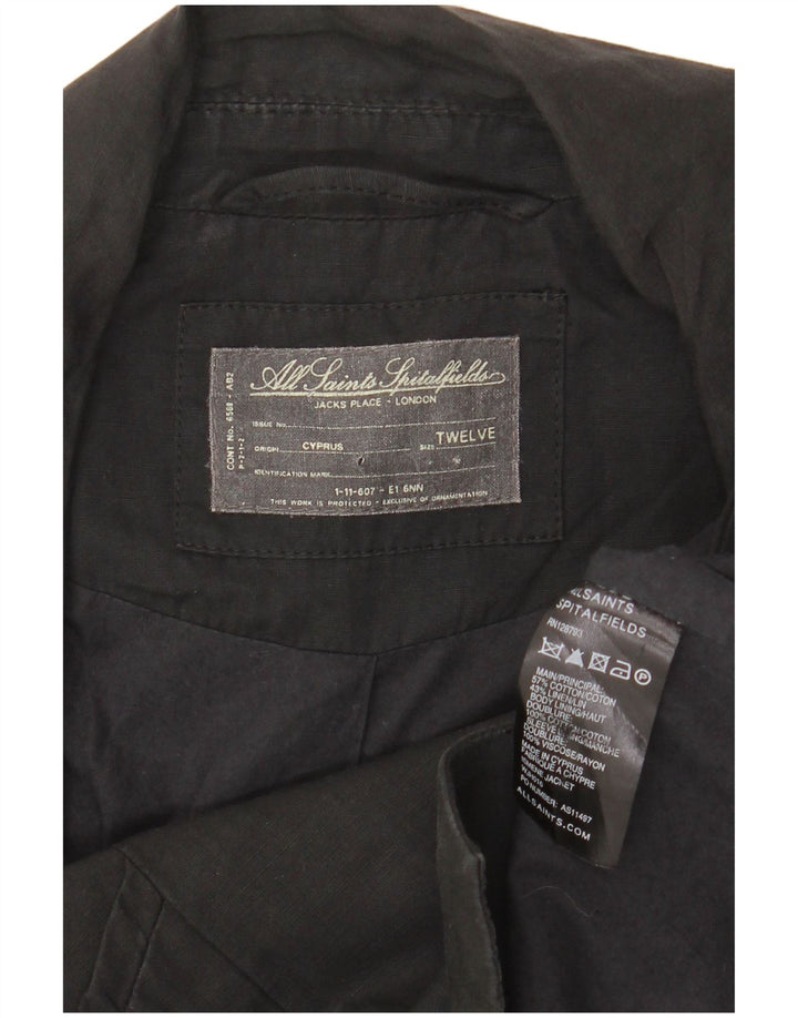 All Saints Veste blazer courte à 3 boutons pour femme UK 12 en coton noir moyen