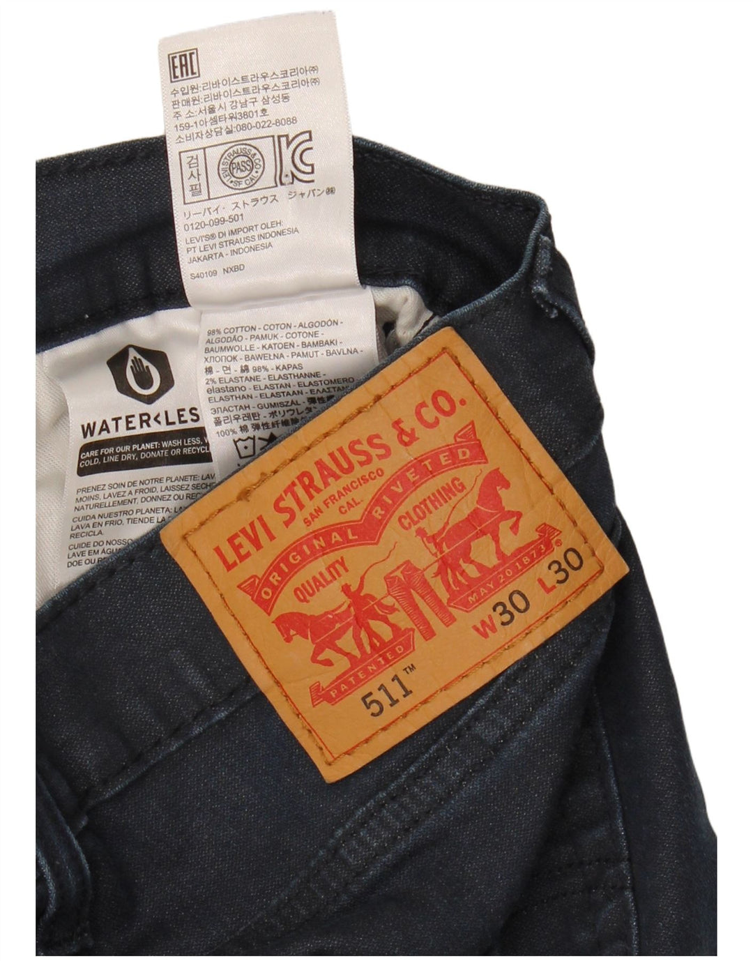 LEVI'S Mens 511 Slim Jeans W30 L30 Navy Blue Cotton