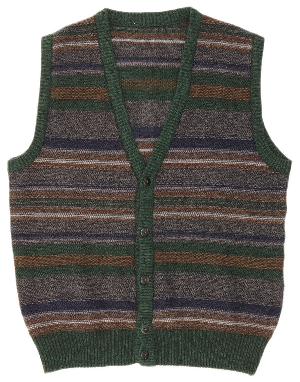 vintage Mens Cardigan sans manches Pull Moyen Multicolore Rayé Laine