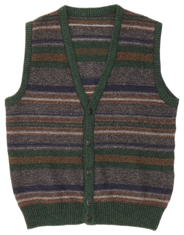 vintage Mens Cardigan sans manches Pull Moyen Multicolore Rayé Laine