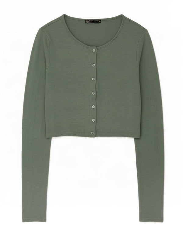 Zara Womens Crop Cardigan Pull UK 12 Vert Moyen