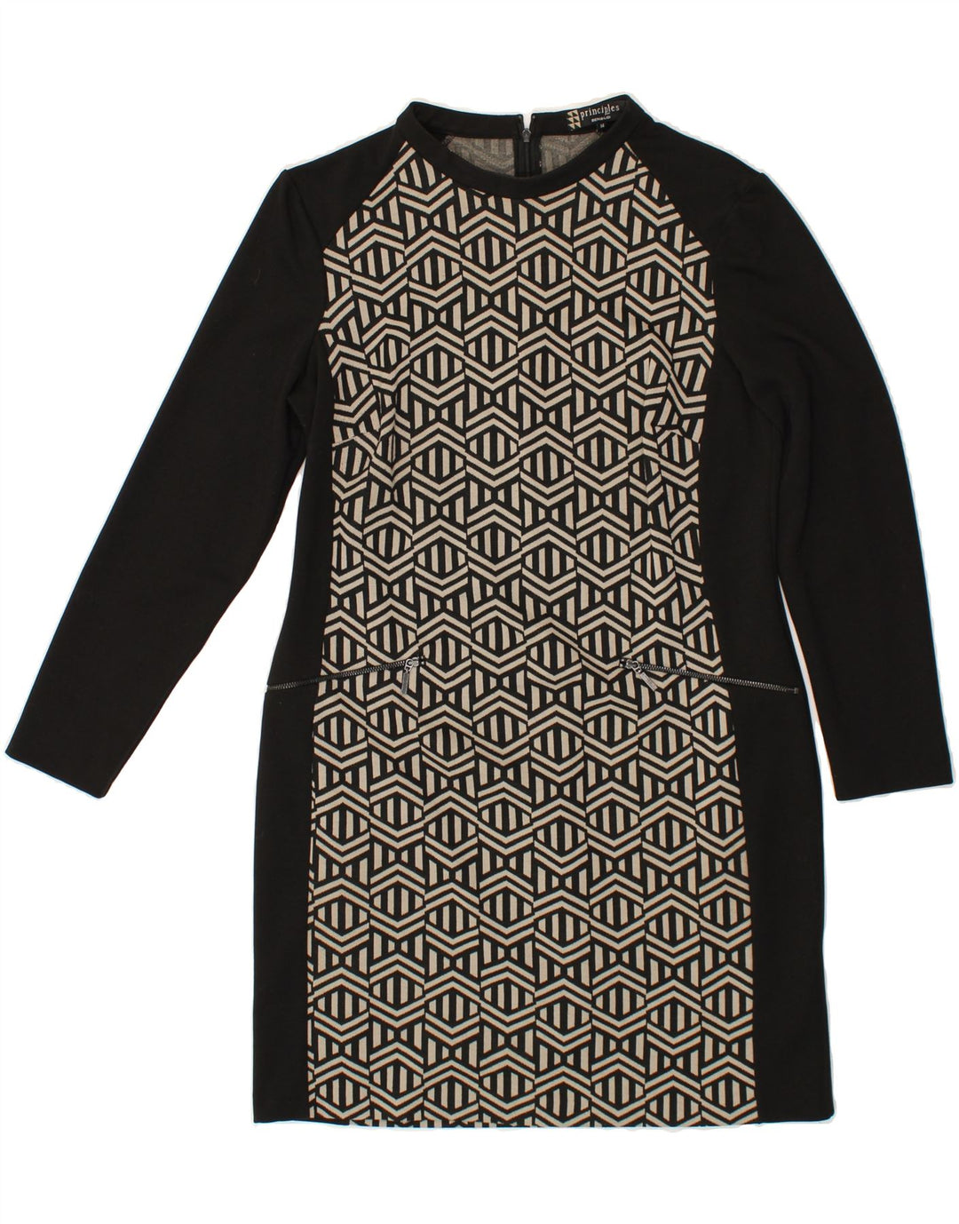 PRINCIPLES Womens Long Sleeve Bodycon Dress UK 14 Medium Black Geometric Vintage Principles and Second-Hand Principles from Messina Hembry 