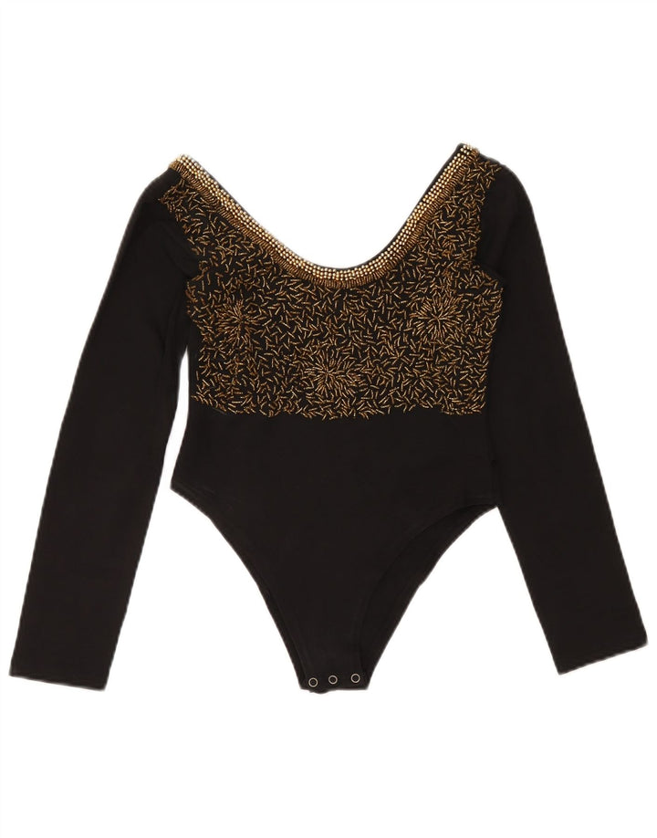 vintage Femme Manches Longues Body UK 12 Moyen Noir Coton