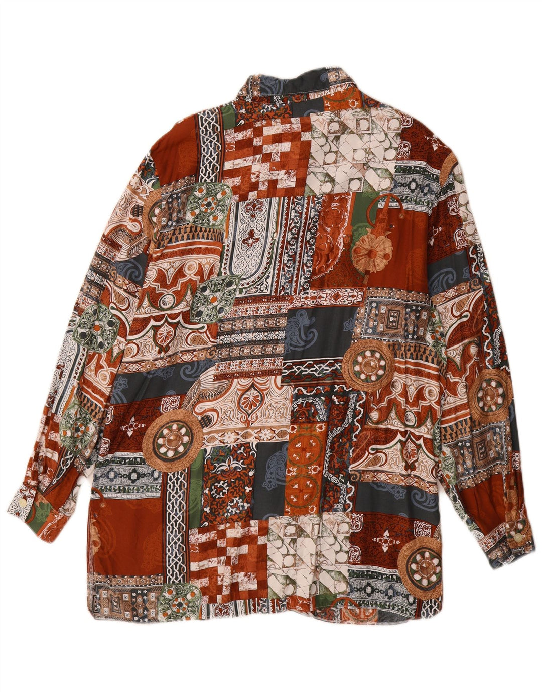vintage Womens Longline Shirt UK 14 Grande Viscose Patchwork Multicolore