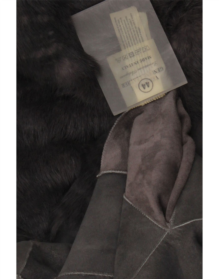 vintage Femmes Surdimensionné Manches 3/4 Manteau en peau de mouton à capuche IT 44 Gris Moyen