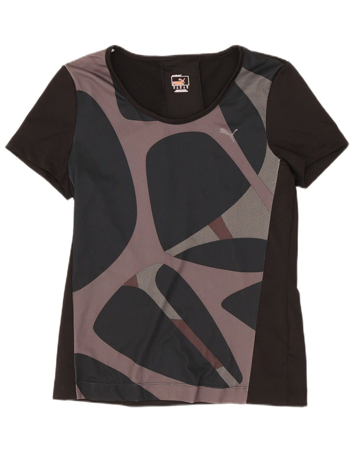 Puma T-Shirt Femme Top UK 12 Medium Noir Géométrique Polyester