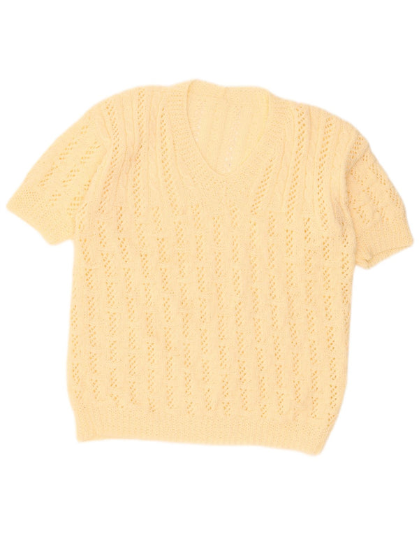 vintage Femmes Manches Courtes Col V Pull Pull UK 18 XL Beige