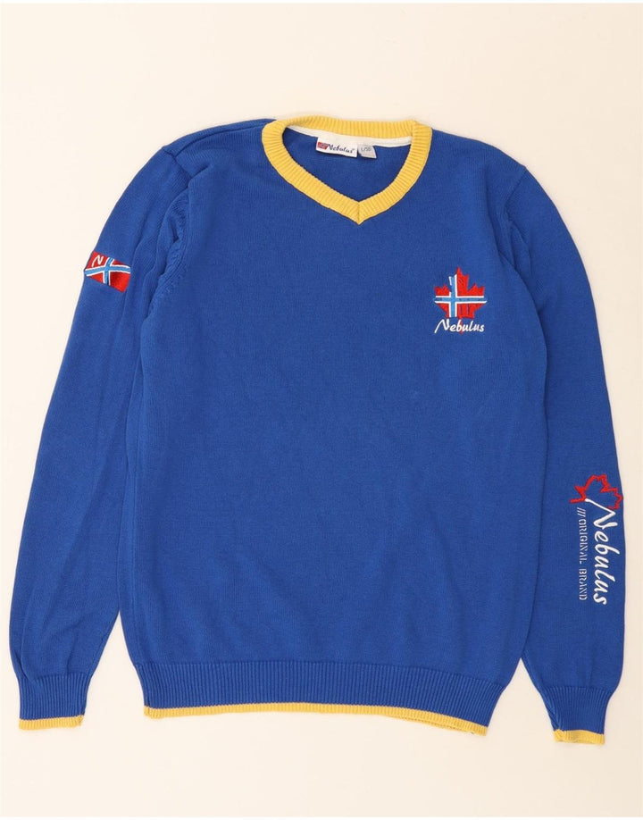 NEBULUS Pull graphique à col en V pour homme, grand bleu, en coton