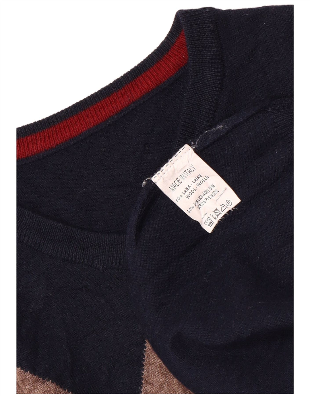 vintage Femme V-Col Jumper Pull UK 14 Moyen Bleu Marine Argyle/Diamant