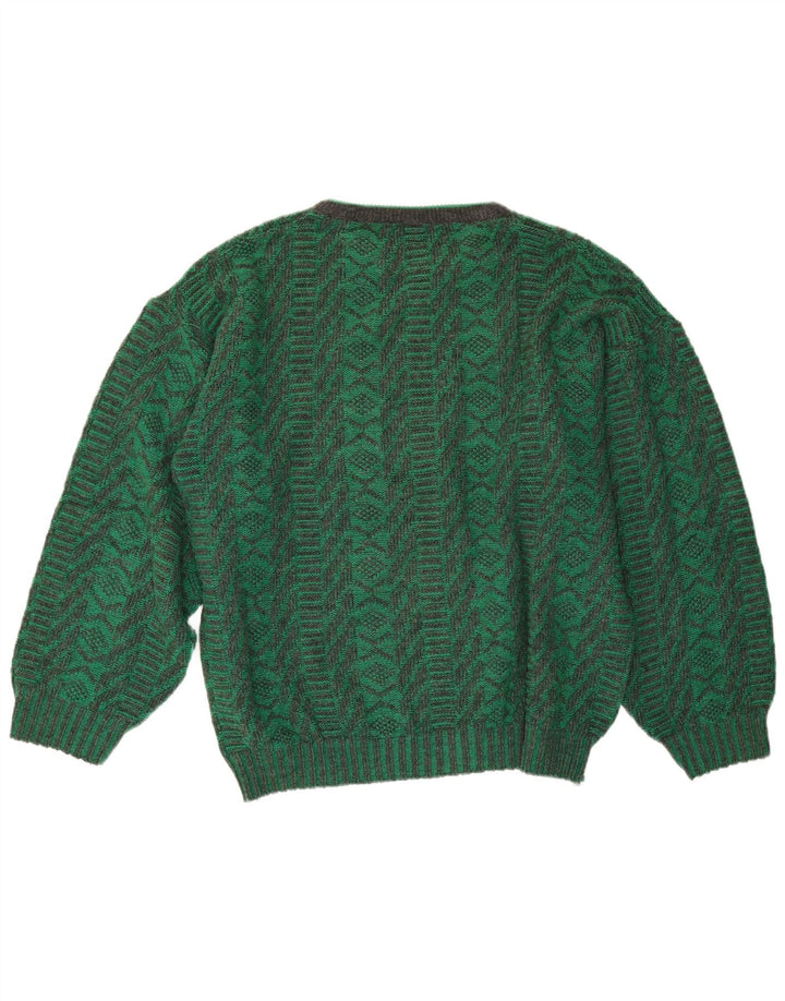 vintage Mens Crew Neck Jumper Pull Moyen Vert Géométrique