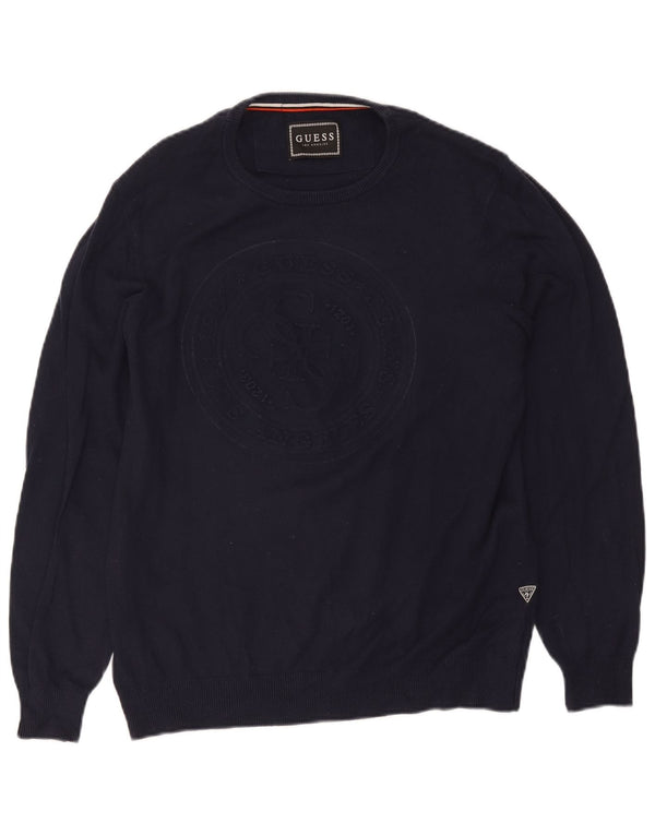 Guess Pull graphique à col bateau pour homme UK 40 Bleu marine moyen